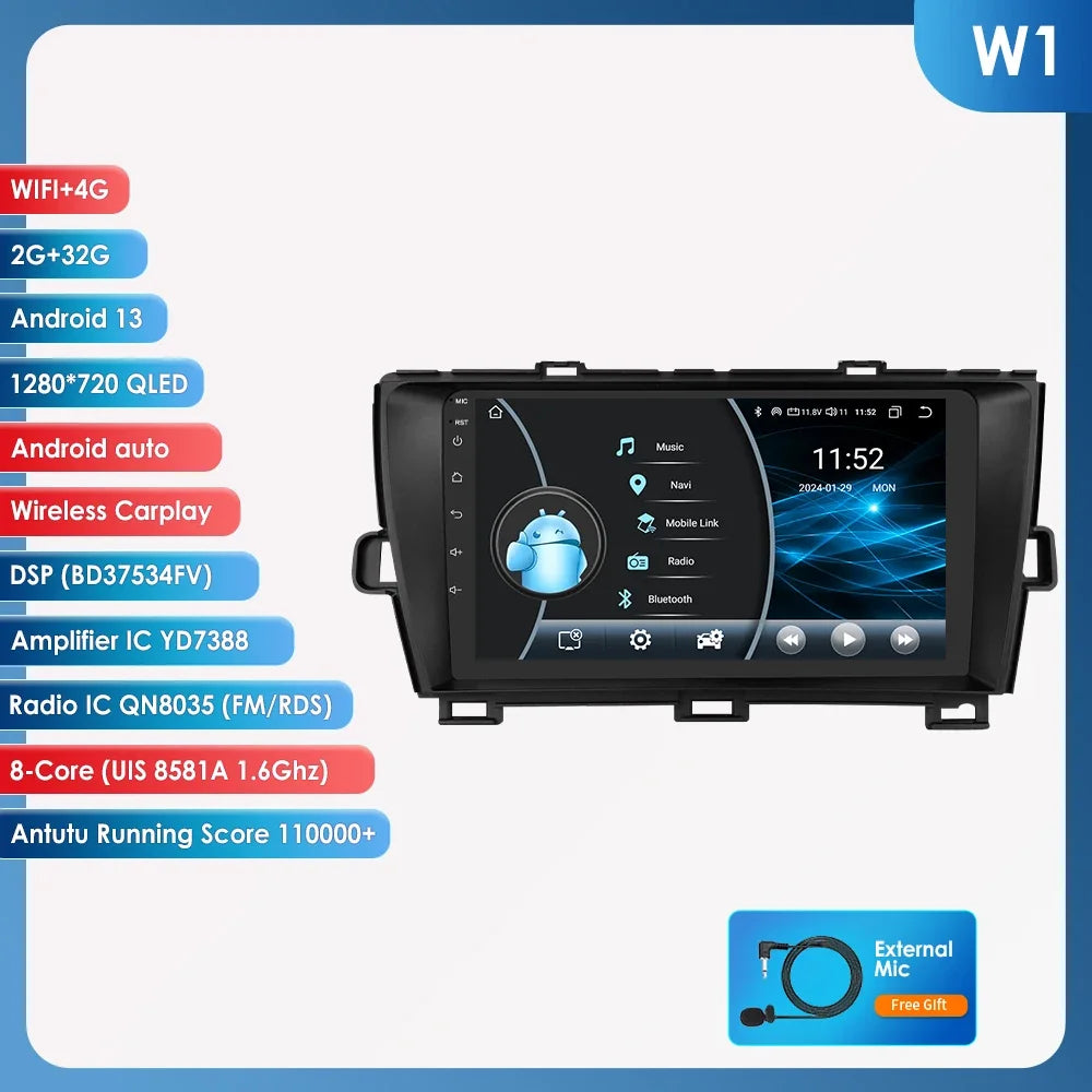 9" 2din Car Stereo Radio Video Multimedia Player for Toyota Prius 3 2009 - 2015 Android 13 Navigation GPS Autoradio 4G Head Unit