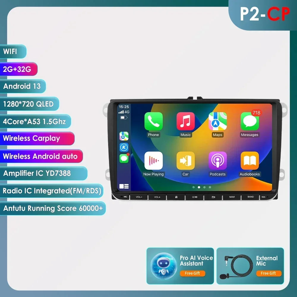 2 Din Carplay Android 14 for Volkswagen VW T5 Passat B6 Golf 6 5 Caddy Polo Touran Jetta Car Radio GPS Multimedia Player RDS BT