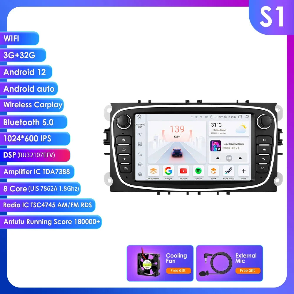 8G 128G 2 Din Carplay Android 13 for Ford Focus Mondeo Kuga C-MAX S-MAX Galaxy Car Radio Multimedia Player Audio Stereo GPS RDS