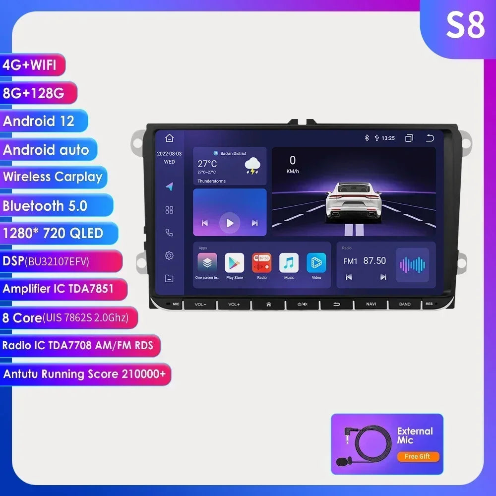 2 Din Carplay Android 14 for Volkswagen VW T5 Passat B6 Golf 6 5 Caddy Polo Touran Jetta Car Radio GPS Multimedia Player RDS BT